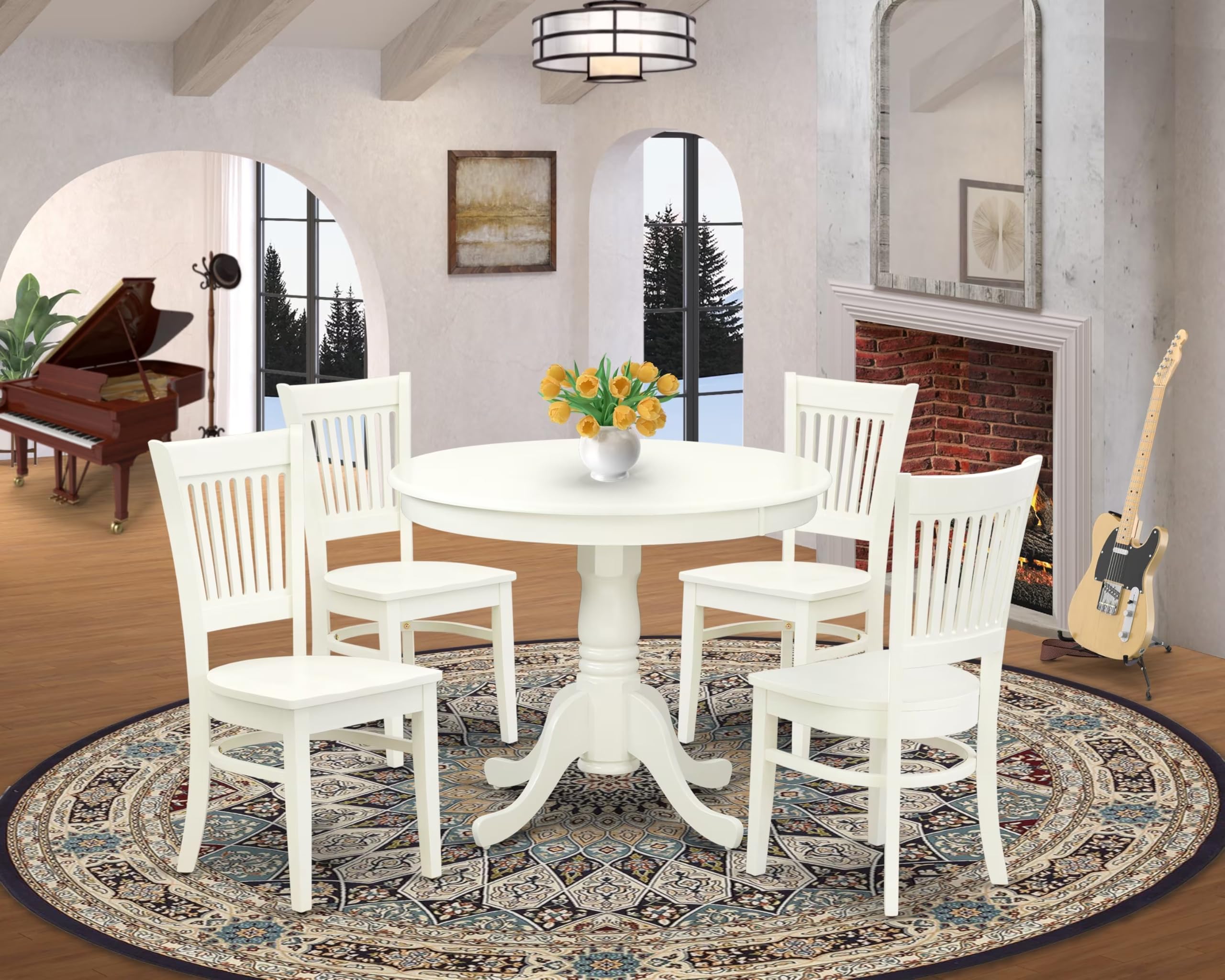 East West Furniture Anva5-Lwh-W 5 Piece Kitchen Table Set For 4 Includes A Round Dining Room Table With Pedestal And 4 Solid Wood Seat Chairs, 36X36 Inch, Linen White